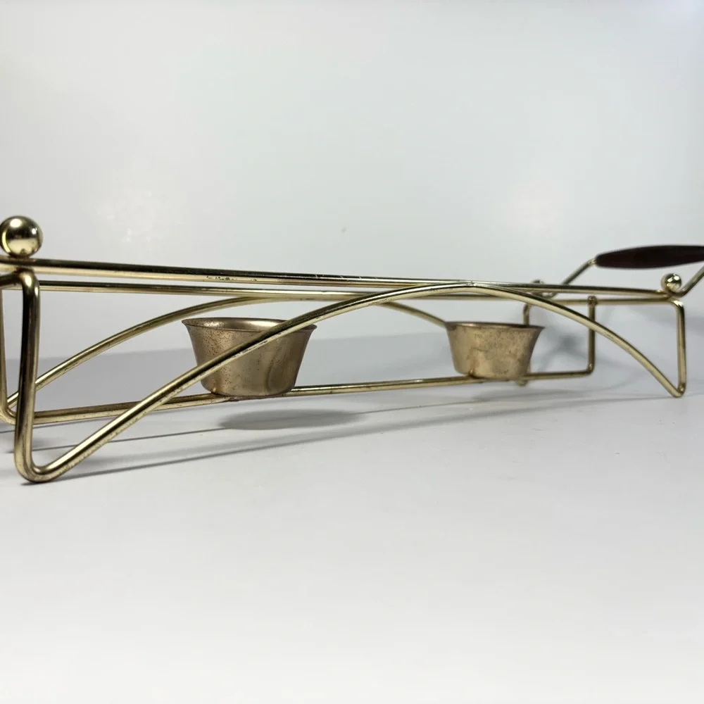 MCM Gold Metal‎ Rectangle Casserole Serving Dish Holder Warmer Wood Handles